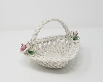 Vtg Lanzarin hand made majolica heart basket bowl woven ceramic glazed Italy home decor