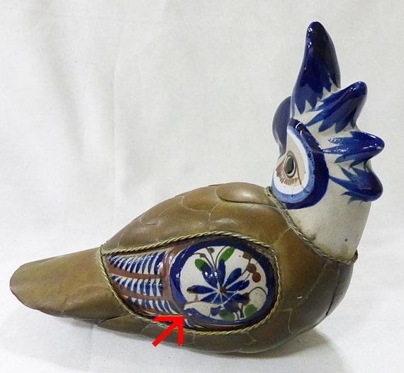 Tonala Ceramic Stoneware Parrot Bird With Brass Overlay