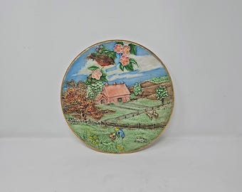 Vtg byron molds plate 1980 raised ceramic pottery wall hanging hand painted, farm scene, cottagecore farmhouse fields