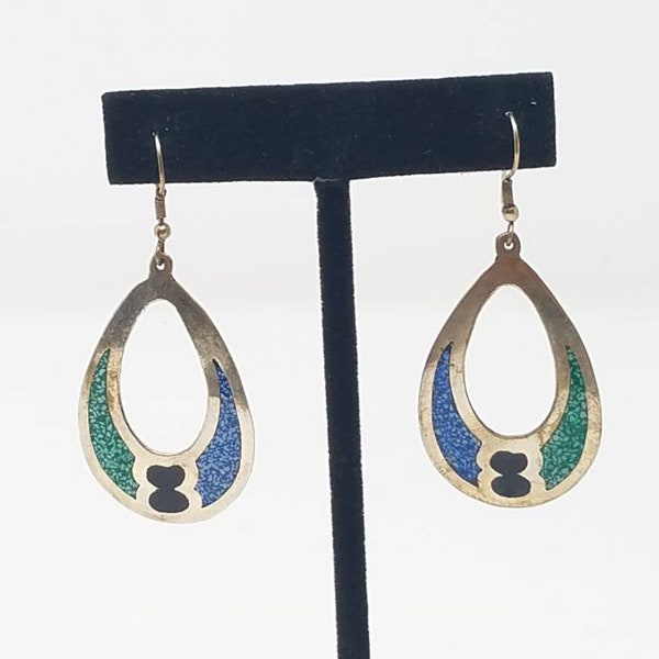 Vintage Mexican earrings Alpaca drop turquoise crushed stone Inlay enamel