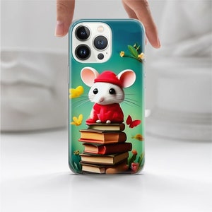 Custodia per telefono a forma di libro con motivo a mouse, cover bianca per iPhone 16 Pro, 15, 14, 13, 12, 11, Google Pixel 9 Pro, 8, 7A, Samsung S25, S24 FE, A26, A36, regalo