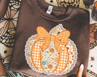 Preppy Floral Fall Pumpkin Sweatshirt, Autumn Pumpkin Lace Shirt, Coquette Fall Pumpkin Patch Sweater, Tis The Season Women T-Shirt