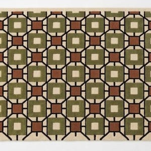 Olive Green Geometric Wool Rug | Mid Century Modern Hand Tufted Area Carpet with Square Grid Pattern, Rust Cream, Black Outline,