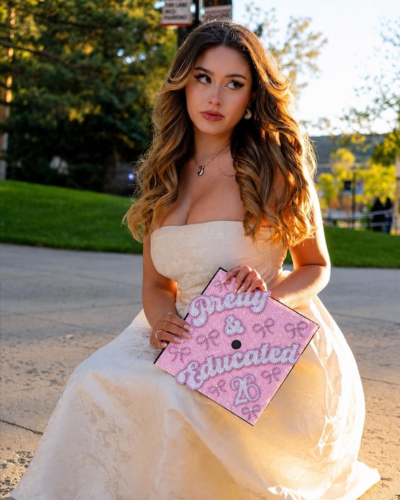 coquette graduation dress pretty & educated cap Bedazzled Bling Rhinestone grad cap Topper grad blinged custom blinged out grad cap bow 2026 Cap and Gown Set