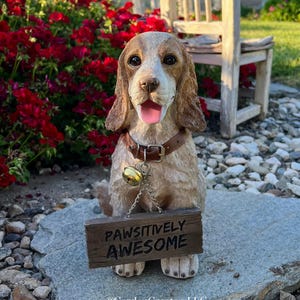 Könnte beinhalten: Hundestatue mit braun-weißem Fell, trägt ein braunes Halsband mit einer Glocke. Sie hält ein Holzschild mit der Aufschrift "PAWSITIVELY AWESOME". Die Statue steht auf einem Stein, mit roten Blumen und einem Holzstuhl im Hintergrund.