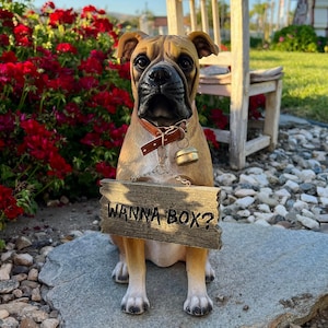 Boxer Dog Statue with Reversible Sign: Indoor/Outdoor Garden & Patio Decor or Gift