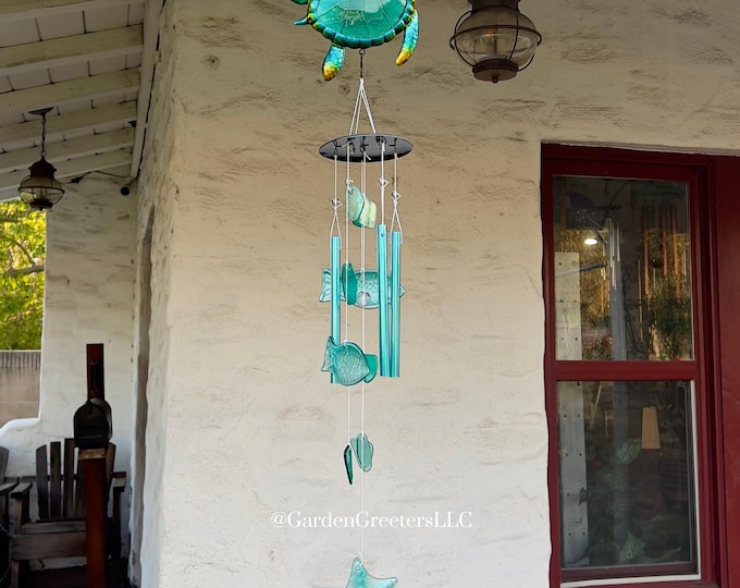 Sea Turtle Wind Chime, Beach Glass Fish & Starfish, 38 Inch