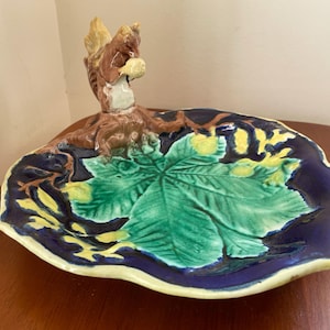 Antique Majolica Squirrel Cobalt Leaf Large Plate Lake House Cozy Cottage Home Decor Vintage Modern Farmhouse Country Kitchen Chic Victorian