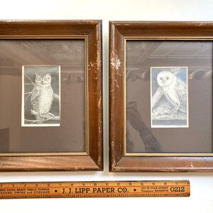 Vintage Owl Pair Art Hand Drawn Pencil Drawings Artist original frames 1970s Retro Farmhouse Lakehouse Cottage Chic Decor Bird Lovers Gift image 5