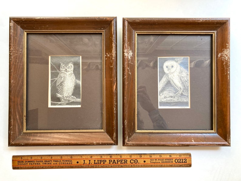 Vintage Owl Pair Art Hand Drawn Pencil Drawings Artist original frames 1970s Retro Farmhouse Lakehouse Cottage Chic Decor Bird Lovers Gift image 5