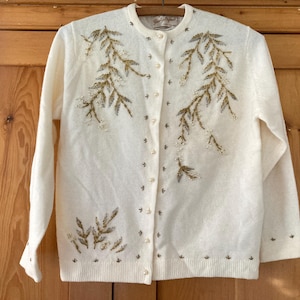 Vintage Women’s Small Sweater 1960s Cream Lambswool Cardigan Beaded Elegant Classic Hong Kong Beads and Pearls Mid Century Evening Chic
