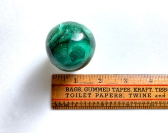 Vintage Green Malachite Gemstone Orb Paperweight 1990s Retro Office Kitsch Housewarming Gift Stocking Stuffer Geologist Mineralogist Gift
