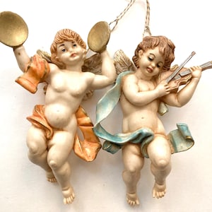 Vintage Depose Italy 5 1/2” 2 Nativity Angels Musical Cherubs Fontanini (?) Christmas Creche Set Figurine Religious Decor Italian