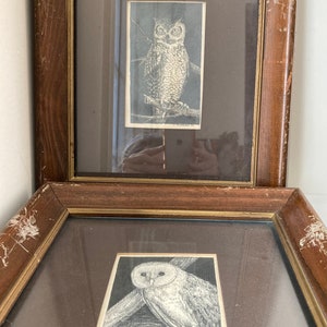 Vintage Owl Pair Art Hand Drawn Pencil Drawings Artist original frames 1970s Retro Farmhouse Lakehouse Cottage Chic Decor Bird Lovers Gift image 7