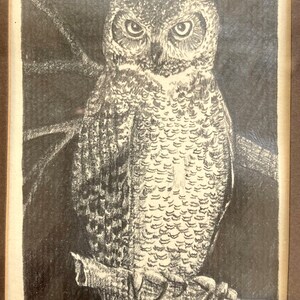 Vintage Owl Pair Art Hand Drawn Pencil Drawings Artist original frames 1970s Retro Farmhouse Lakehouse Cottage Chic Decor Bird Lovers Gift image 2