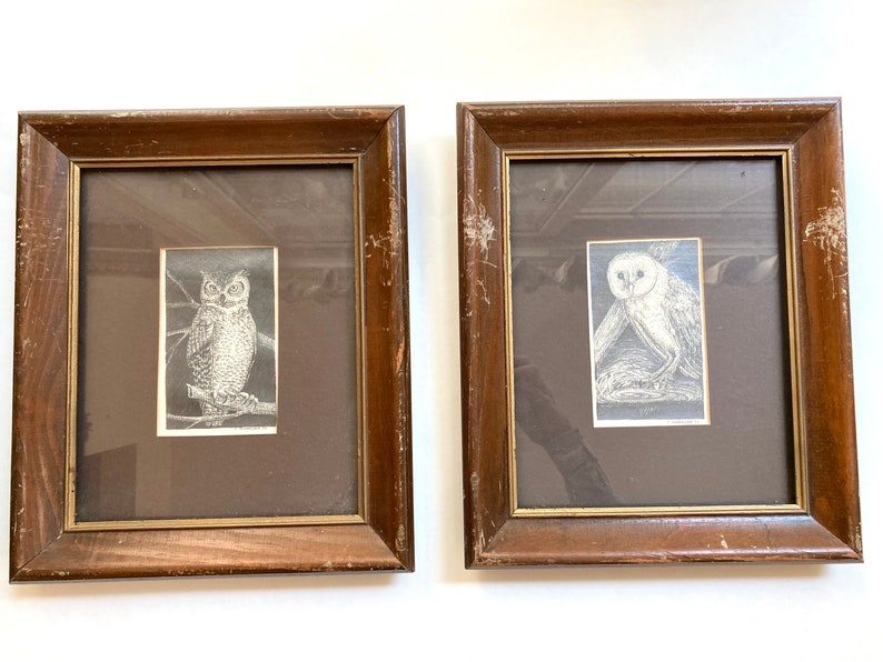 Vintage Owl Pair Art Hand Drawn Pencil Drawings Artist original frames 1970s Retro Farmhouse Lakehouse Cottage Chic Decor Bird Lovers Gift image 1