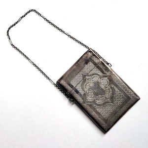 Estuche antiguo de plata para tarjetas de visita victorianas, monedero de noche con cadena decorativa, bolso retro elegante, Chatelaine, diseño intrincado, grabado a mano, 1876
