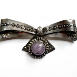 William Spratling Taxco Mexiko Amethyst Bogen Brosche Silber Pin Statement Schmuck Vintage Large Design Erste mexikanische Silberschmiede Handarbeit