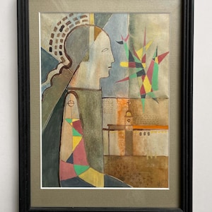 Dipinto originale d'epoca ad acquerello e gouache dall'Ucraina, 1991. Simboli astratti di Kiev elencati dall'artista Evgeny Mukhoid, arte socialista.