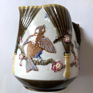 Majolica Pitcher Birds Fan Antique Wedgwood Argenta Cream Victorian Chic Elegant Vintage Home Decor Modern Farmhouse Cozy Country Kitchen