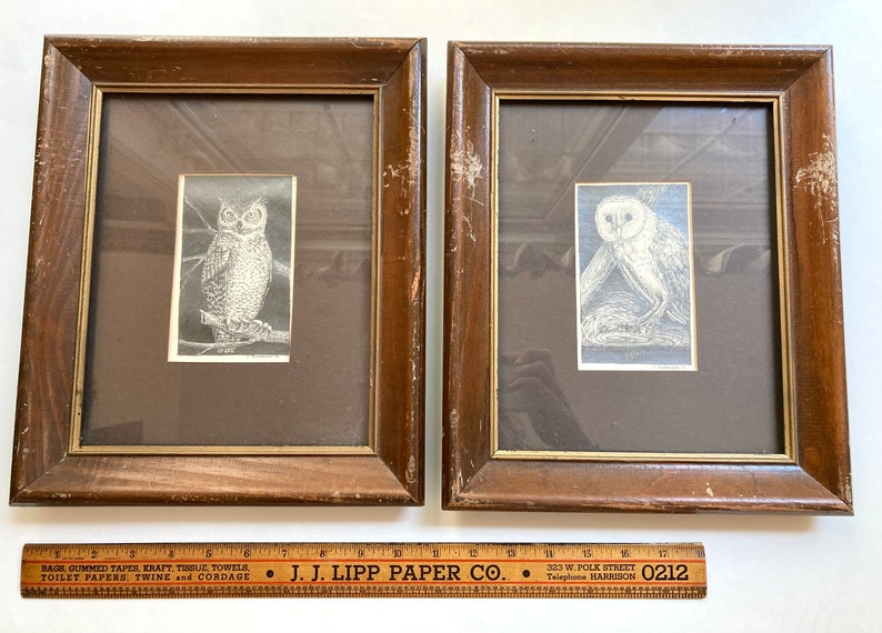 Vintage Owl Pair Art Hand Drawn Pencil Drawings Artist original frames 1970s Retro Farmhouse Lakehouse Cottage Chic Decor Bird Lovers Gift image 4