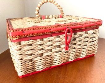 Vintage Wicker Woven Sewing Basket Vintage 60s or 70s For Tailor Seamstress Storage Satin Lined with Handle and Red Trim Made in Japan