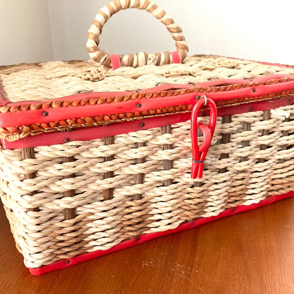 Vintage Wicker Woven Sewing Basket Vintage 60s or 70s For Tailor Seamstress Storage Satin Lined with Handle and Red Trim Made in Japan