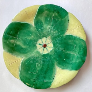 Vintage Majolica Green Lily Platter Plate Lake House Rustic Cottage Home Decor Modern Farmhouse Country Kitchen Table Piece Chic Victorian