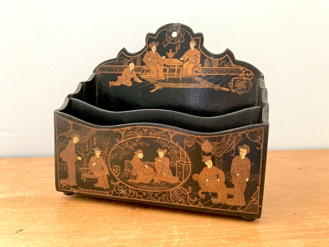 Antique Victorian Papier Mache Letter Box Chinoiserie Paper Trinket