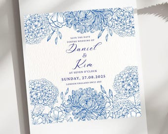 Blue Floral Wedding Invitation Template – Bridgerton-Inspired, Instant Download