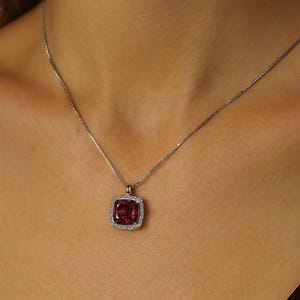 Elegant Ruby Red Cushion Cut Pendant Necklace with Diamond Halo – Sterling Silver Chain