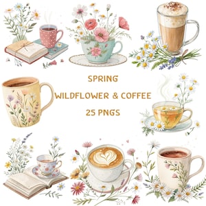 Clipart de flores silvestres de primavera y café, paquete PNG floral acogedor, ilustraciones estéticas de té y café, descarga digital, arte de cafetería vintage