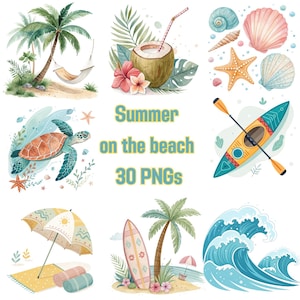 Summer Beach Clipart Bundle, Tropical Vacation PNG Set, Ocean Wave and Seashell Illustrations, Watercolor Beach Elements, Digital Download