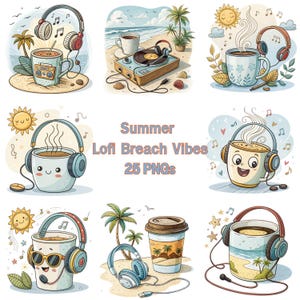 Bundle PNG Summer Lofi Beach Vibes – 25 cliparts relaxants de tasse de café avec un casque, art numérique esthétique de musique relaxante