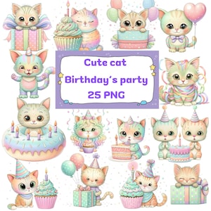 Cat Birthday Party Clipart: Watercolor Kittens (25 PNG Digital Download)
