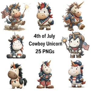 4th of July Cowboy Unicorn PNG Bundle – 25 Patriotic Unicorn Clipart Files for Sublimation, Independence Day Western Unicorn Art
