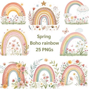 Frühling Boho Regenbogen PNG Bundle - 25 Aquarell Pastell Regenbögen mit Blumen, niedliche Boho Clipart für Sublimation, Aufkleber und zum Basteln