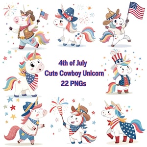 4th of July Cute Cowboy Unicorn PNG Bundle, Patriotic Unicorn Clipart Set, Kawaii USA Independence Day Digital Download Sublimation Art
