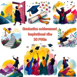 Abschluss Achievement Clipart, Inspirational Abschluss PNG, Cap und Diplom Digitale Kunst, Aquarell Erfolg Illustration, Sofort Download