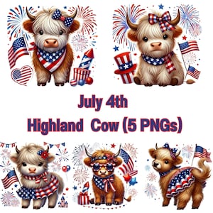 4. Juli Highland Kuh Clipart Bundle, Unabhängigkeitstag Süße Kuh PNGs, Vaterländische Highland Kuh Sublimation, USA 4. Juli Digitaler Download