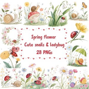 Lentebloem clipart png-collectie, slakken en lieveheersbeestje png, aquarel boho bloem png voor scrapbooking of uitnodigingen 300 dpi transparant