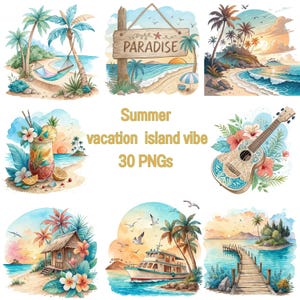 Pacchetto PNG Summer Vacation Island Vibes, Clipart spiaggia tropicale, Illustrazioni paradiso acquerello, Arte di viaggio digitale, Download immediato