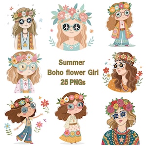 Boho Blumenmädchen Clipart PNG Bundle, 25 Sommer Hippie Mädchen Illustrationen, Retro Boho Sublimationsdesigns, digitaler Download Set