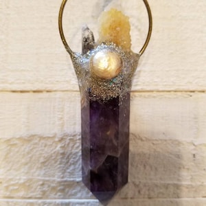 Amethyst crystal point double sided amulet with sunshine spirit quartz