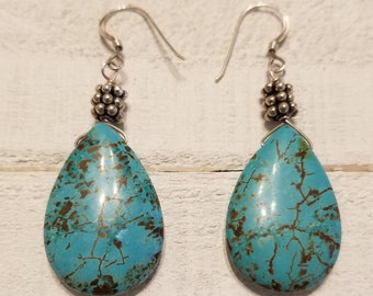 Natural Turquoise teardrop earrings with sterling silver.