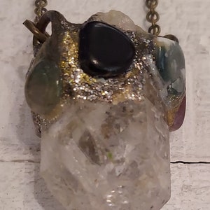 Raw Quartz Double Terminated Crystal Point Amulet Necklace with Polished semi precious surrounding stones