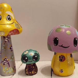 The Hand Painted Mushroom wooden Peg Doll Friend Trio.