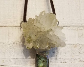 Magical Milky Quartz floret with flashy labradorite polished cabochon amulet necklace.