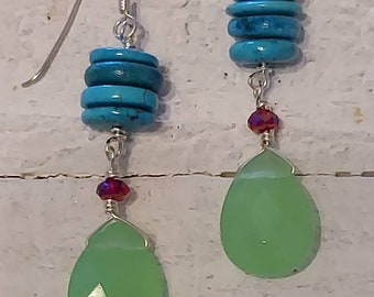 The Green Tear drop Prehnite Earrings with Red Austrian Crystals and Blue Stacked Turquoise Rondells on Sterling Silver.