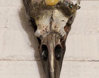 Raven Skull Resin Amulet Necklace with Spirit Quartz Point and Yellow Jasper Cabachon